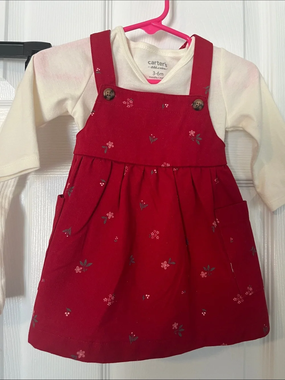 Red Floral Dress with Ivory Long Sleeve Tee